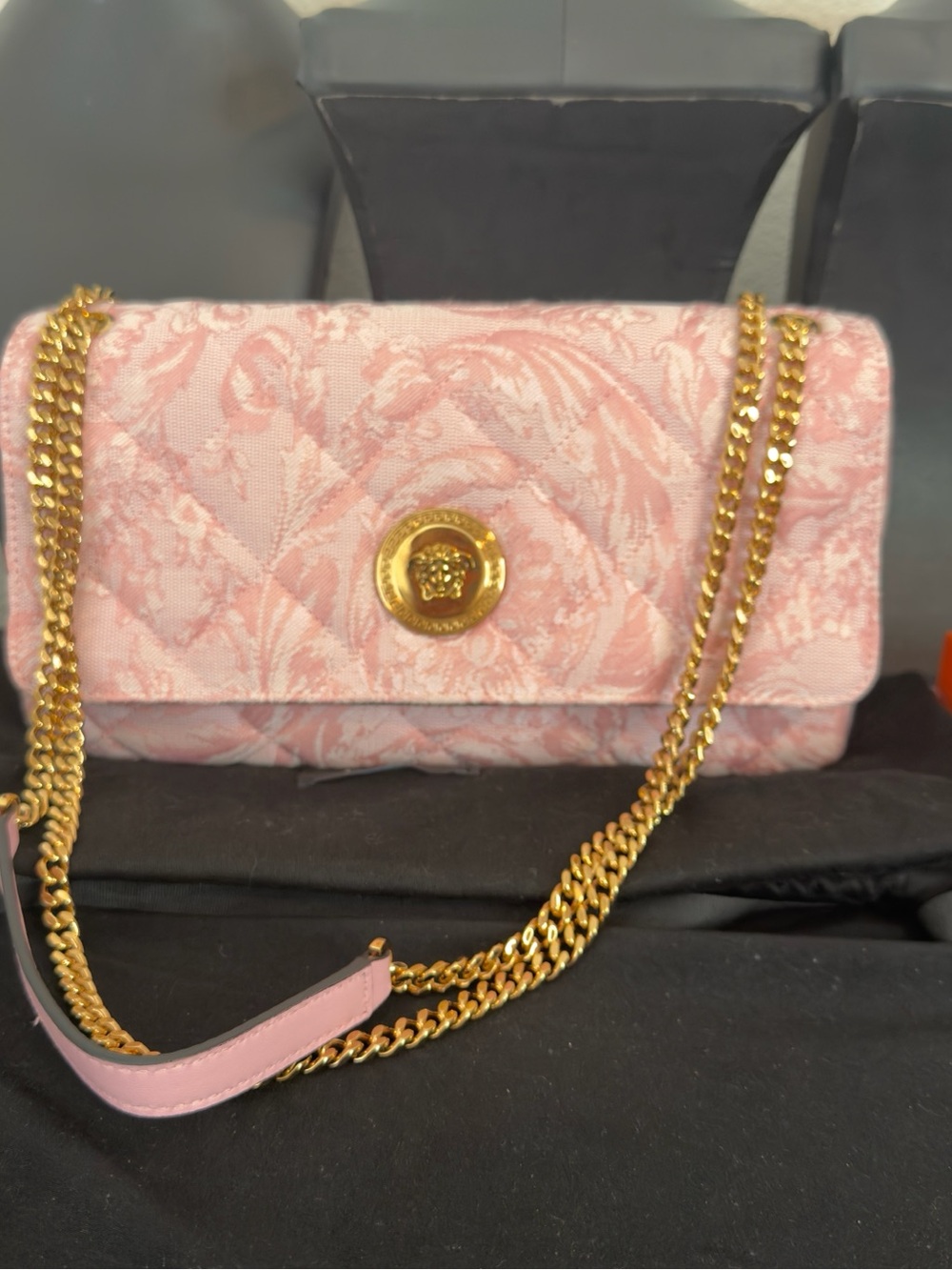 Versace Pink Quilted Chain-Shoulder Bag with Gold Medallion
